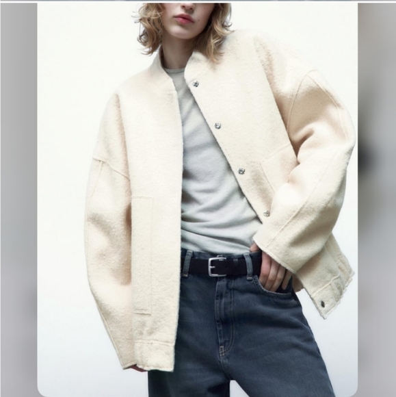 Zara Viral Oversized Bomber Jacket with Pockets Cream/Ecru Boucle - Picture 13 of 16